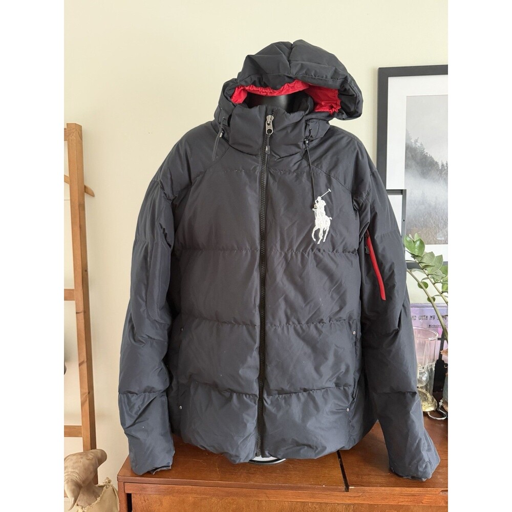 Polo Ralph Lauren Big Pony Puffer Jacket Black Red Hooded Men 3XLT Winter Coat